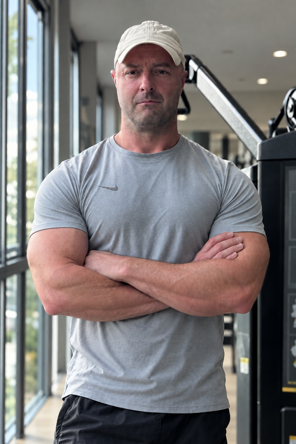 Paul Gradwell in a grey training shirt, standing with arms crossed in a gym